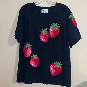 Quacker Factory Black Top with Red Strawberry Design